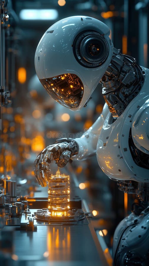 Futuristic factory floor with robotic arms assembling intricate devices with high precision stock photos