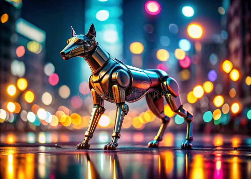 Advanced Robotic Canine Patrols a Futuristic Tech Hub at Night Edge Surveillance in a BokehLit Urban Peisaj stock illustration