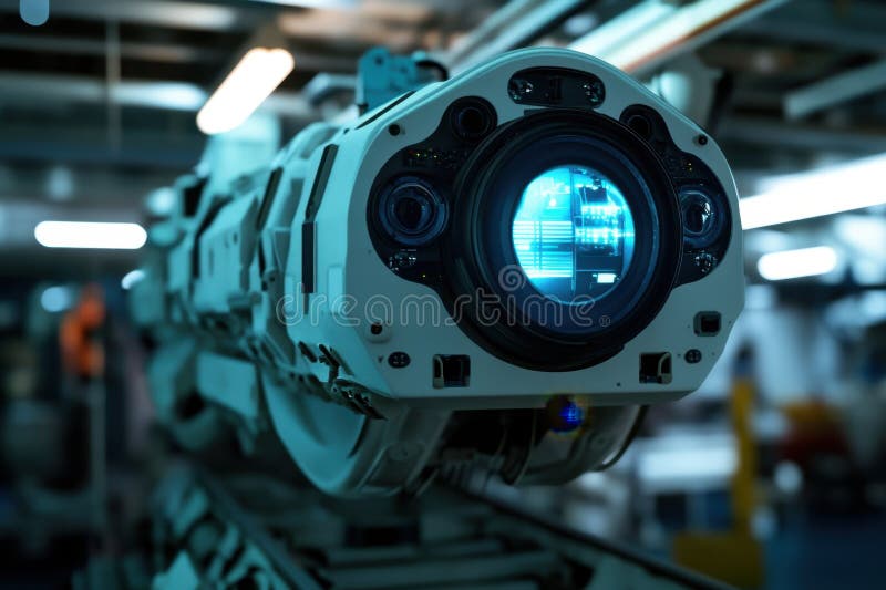 Advanced robotic device with intricate design and illuminated display in an industrial setting stock photography