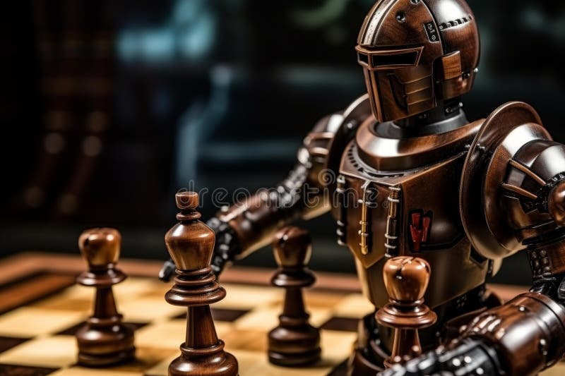 Personaj robotic avansat care se implică strategic într-un joc de șah. Robot umanoid futurist cu inteligență artificială care joacă un joc strategic de șah pe o placă de șah ghidată de tehnologie modernă într-un concurs cibernetic