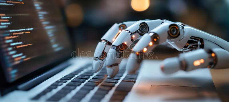 Advanced Robotic Hand Interacting with Laptop, Exploring AI and Automation in the Digital Age. stock illustration