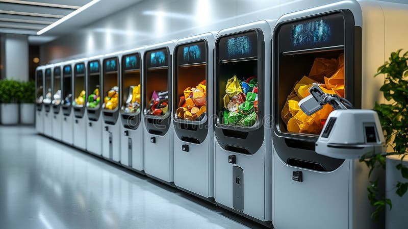 Advanced robotic recycling facility with automated waste sorting technology. stock illustration.