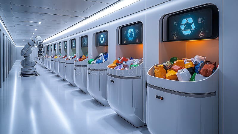Advanced robotic recycling facility with automated waste sorting technology. vector illustration.