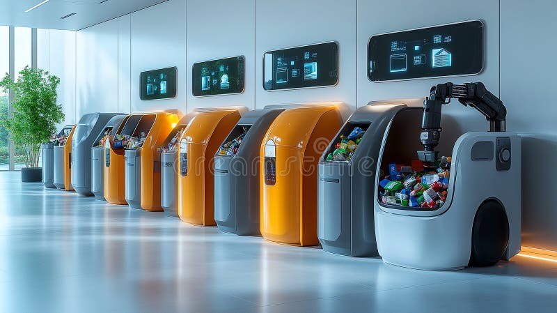 Advanced robotic recycling facility with automated waste sorting technology. stock illustration.