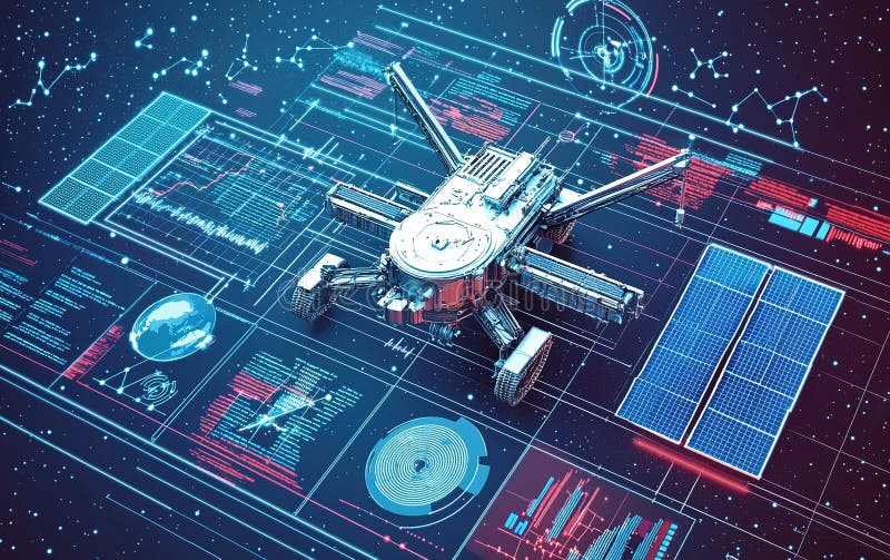 An advanced robotic rover engages in data analysis on a digital interface in a futuristic space environment. A robotic rover analyzes complex data while surrounded by vibrant digital displays and cosmic elements AI generated