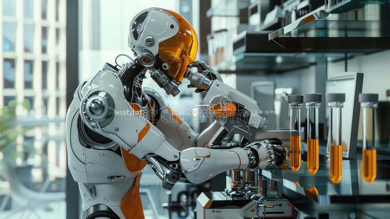 Advanced robotic scientist analyzing samples in modern laboratory generated with AI stock illustration