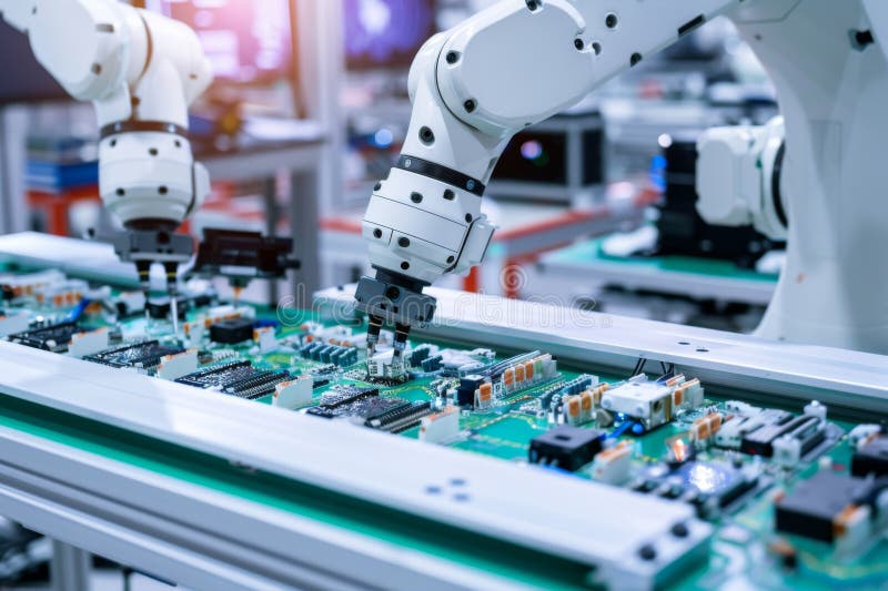 Advanced Robotics Arm Assembling Circuit Boards in Modern Factory stock photos
