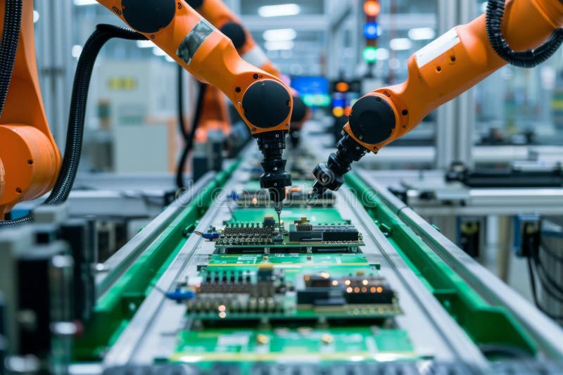 Advanced Robotics Arms Assembling Circuit Boards in High-Tech Factory royalty free stock images