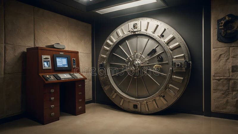 Advanced Security Room Featuring Partially Open Vault with Rare Artifacts and Surveillance Systems stock image
