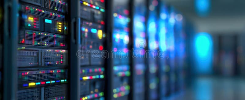 The advanced server racks illuminated in a modern digital data center. image royalty free stock photography.