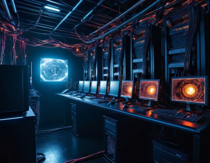 Advanced Server Room with Neon Blue Lights stock images