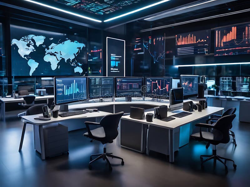 Advanced Technology Command Center with Global Data Visualization and Analysis. vector illustration
