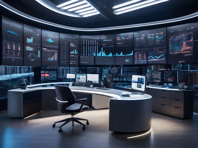 Advanced Technology Command Center with Global Data Visualization and Analysis. stock illustration
