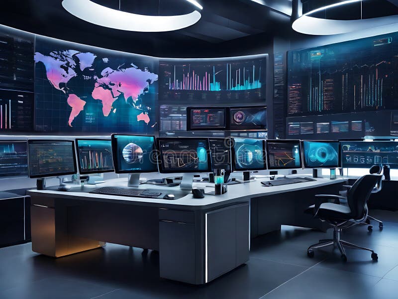 Advanced Technology Command Center with Global Data Visualization and Analysis. royalty free illustration