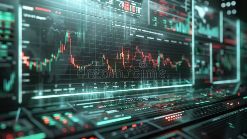A high-resolution image displaying an advanced trading dashboard with interactive financial charts and data analytics. The vector illustration