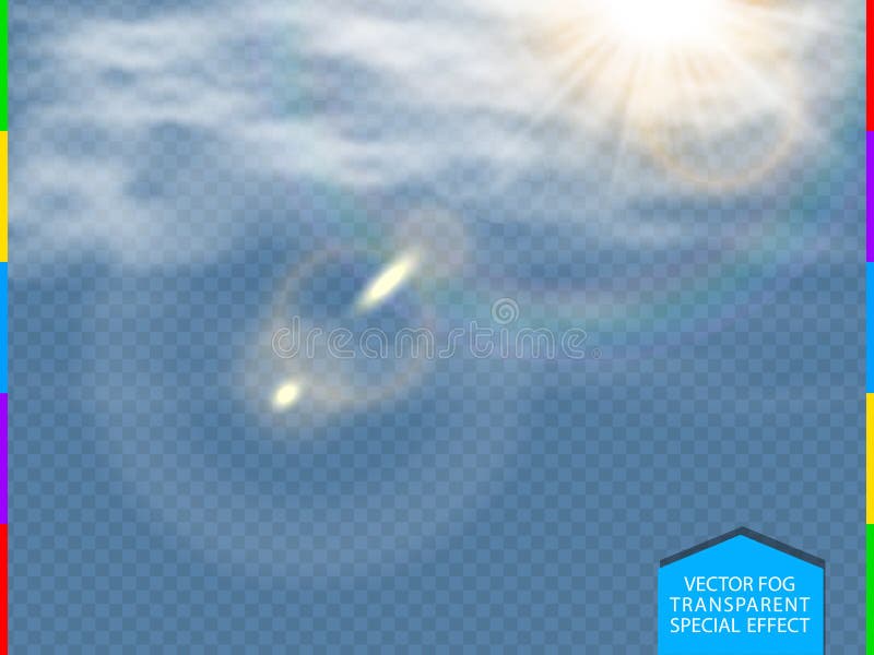 Sun, fog or smog on spring blue transparent background. Cloudiness sky, mist, smoke. Magic steam illustration. Additional format vector vectors
