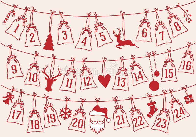 Advent calendar with Christmas bags, vector set stock illustration Advent calendar with Christmas bags, vector set stock illustration