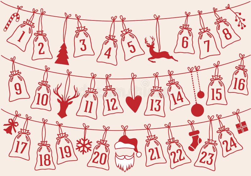 Advent calendar with Christmas bags, vector set