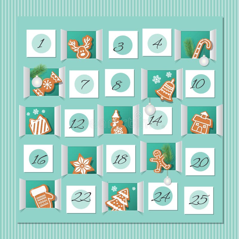 Advent calendar, decorated wirh gingerbread cookies. Countdown to Christmas. Vector