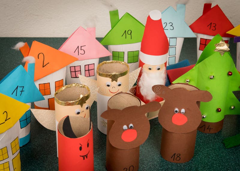 An Advent Calendar Made of Decorated Toilet Paper Roles Stock Image