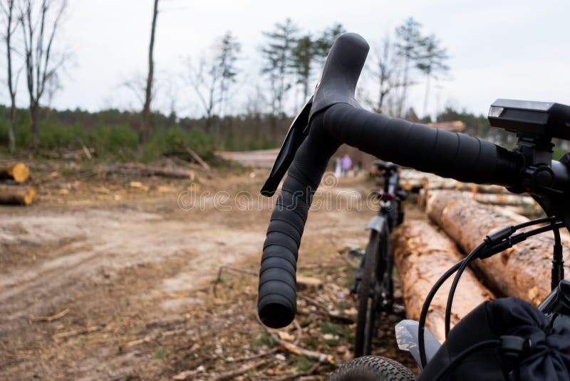 Adventure on a Gravel Bike in the Woods. View of the Bicycle Handlebar with  Accessories. Stock Image - Image of nature, people: 229155745