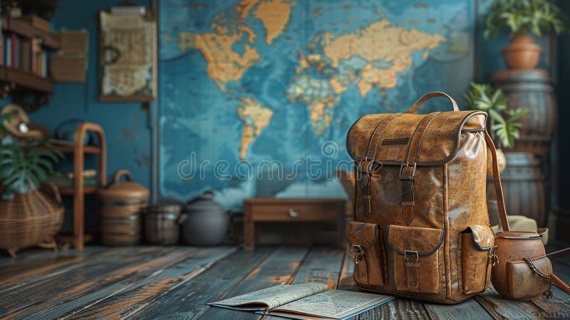 Adventure travel agency with maps and exotic destination photos3D render stock illustration