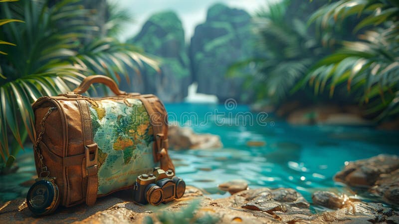 Adventure travel agency with maps and exotic destination photos3D render stock illustration