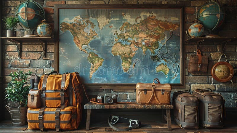 Adventure travel agency with maps and exotic destination photos3D render royalty free illustration
