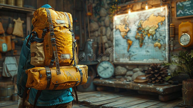 Adventure travel agency with maps and exotic destination photos3D render stock illustration
