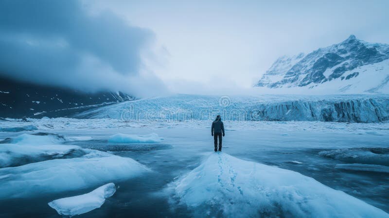 Adventurer exploring a remote glacier during an outdoor expedition stock photos