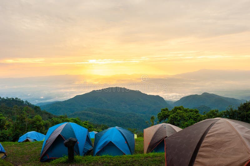 Beautiful mountain and morning sunrise over the sea of mist. Mon Sone View point , Doi Pha Hom Pok National Park in Chiang Mai