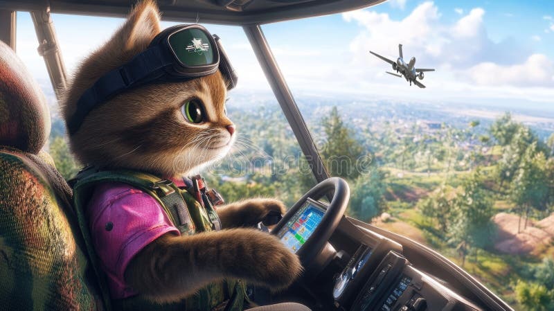 Adventurous cat pilot navigating a helicopter over scenic landscape stock images