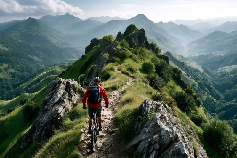 Adventurous cyclist navigates rugged mountain trail with stunning panoramic views in remote wilderness vector illustration