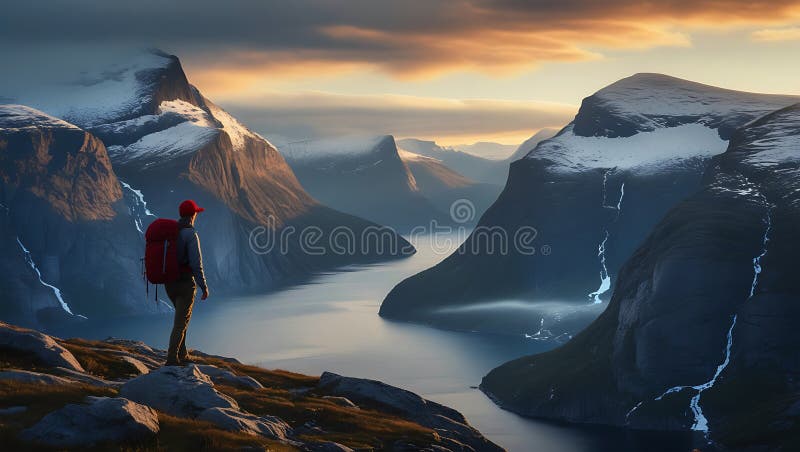 Adventurous hiker förbiser det bedövande fjordlandskapet vid soluppgången vektor illustrationer