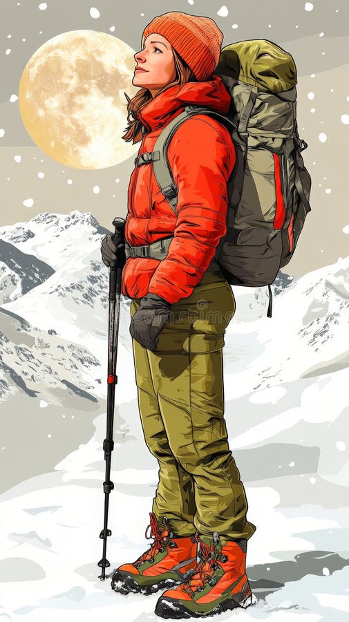 Adventurous hiker i rött kjacklerutrustning som står på snöbergsspåret under stark solfångaranda för prospektering vektor illustrationer