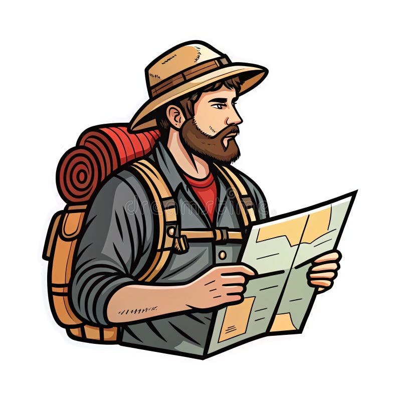 Adventurous Hiker-karta med ryggsäck och hat-undersökning av naturspår stock illustrationer