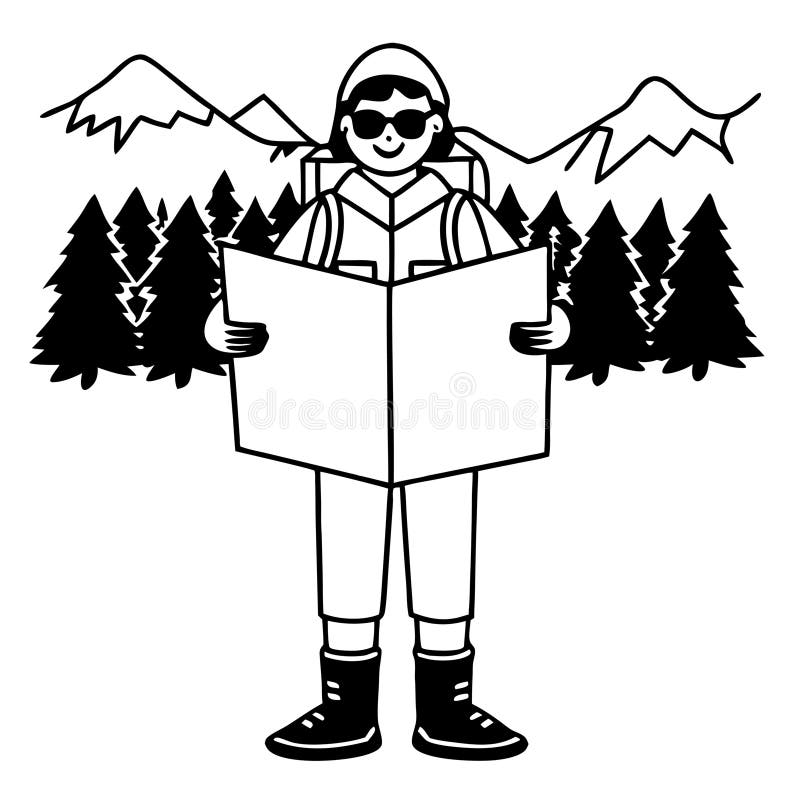 Adventurous Hiker-läskarta i Vector Illustration of Mountain Forest Scenery royaltyfri illustrationer