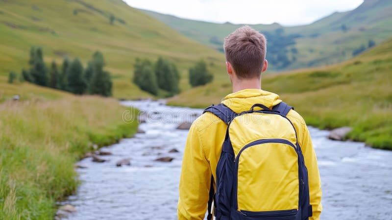 Adventurous hiker med gult ryggsäck som trekking genom lush green valley efter scenisk flodväg symboliserar utomhusbruk royaltyfri illustrationer
