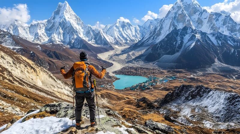 Adventurous Hiker med ryggsäck Uppeende Breathtake Himalayan Mountain View AI genererade. En ensam hiker står på en snötäckt högsäck vid ett brinnande panorama av Himalayas A-turkosjö och avlägsna byn är inkapslade inom det vidsträckta bergsområdet Scenen visar den äventyrliga andan och den häpnadsväckande skönheten hos Himalayas AI som alstrats.