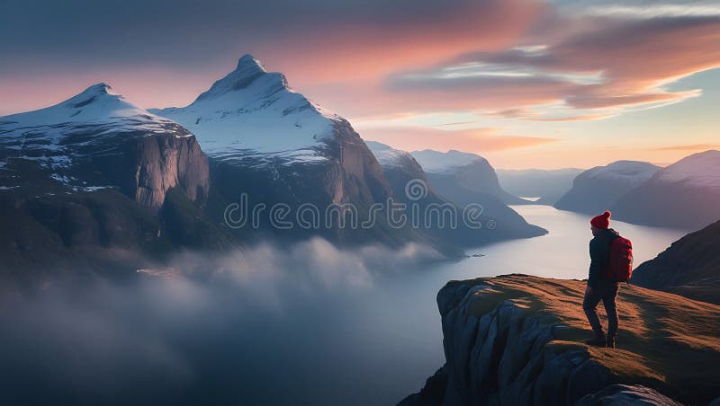 Adventurous hiker som står på bergtoppen och bortser från fjord vid solnedgången royaltyfri illustrationer