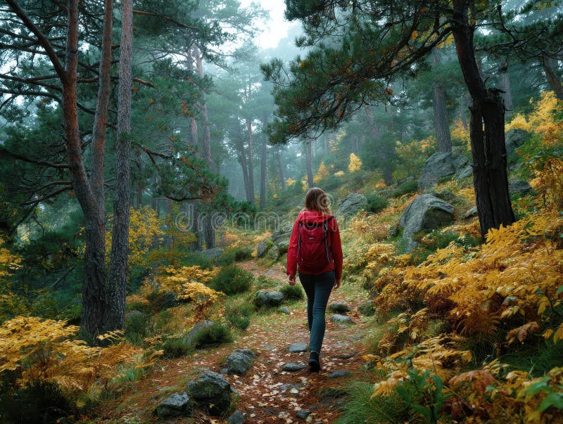 Adventurous hiker som utforskar en levande höstskog royaltyfri illustrationer