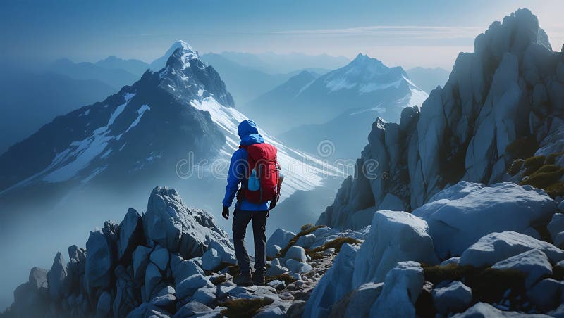 Adventurous hiker står vid en snötäckt bergtopp stock illustrationer