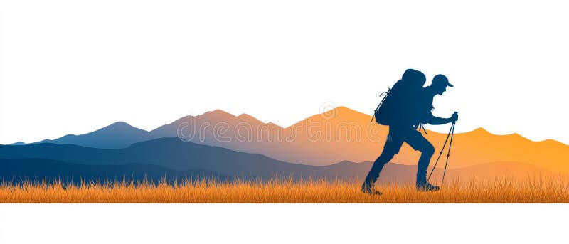 Adventurous hiker trekking över det gyllene bergslandskapet under soluppgången, vilket symboliserar en ihärdig upptäckt koppling t vektor illustrationer