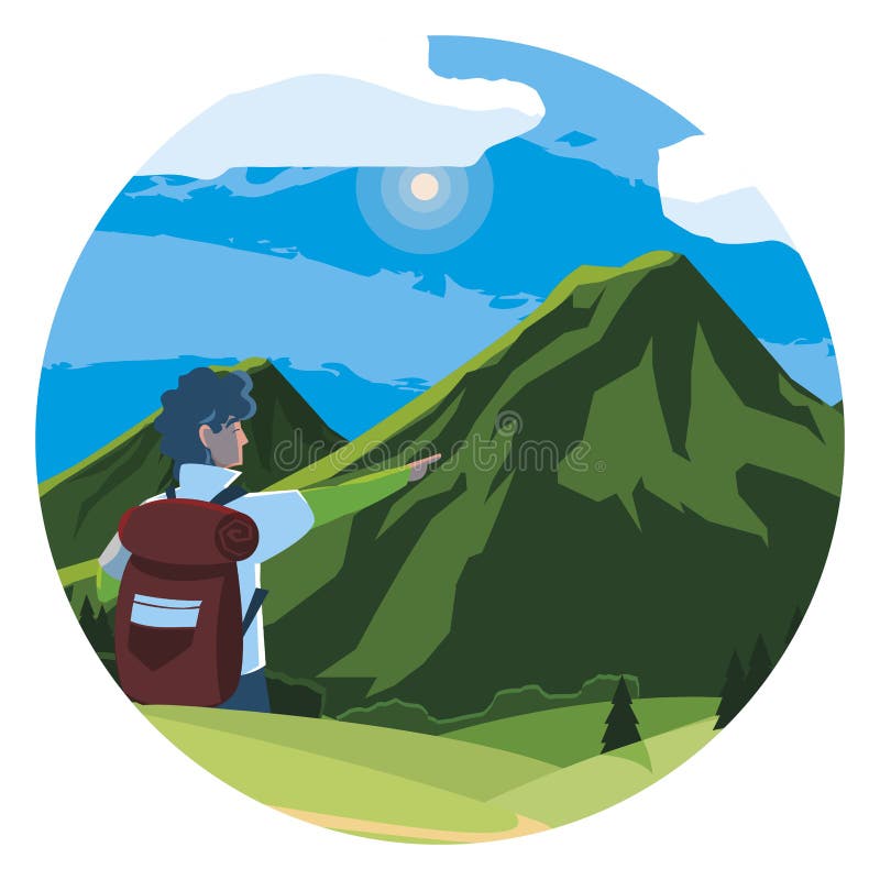 Adventurous Man with Travelbag in the Mountains Stock Vector ...