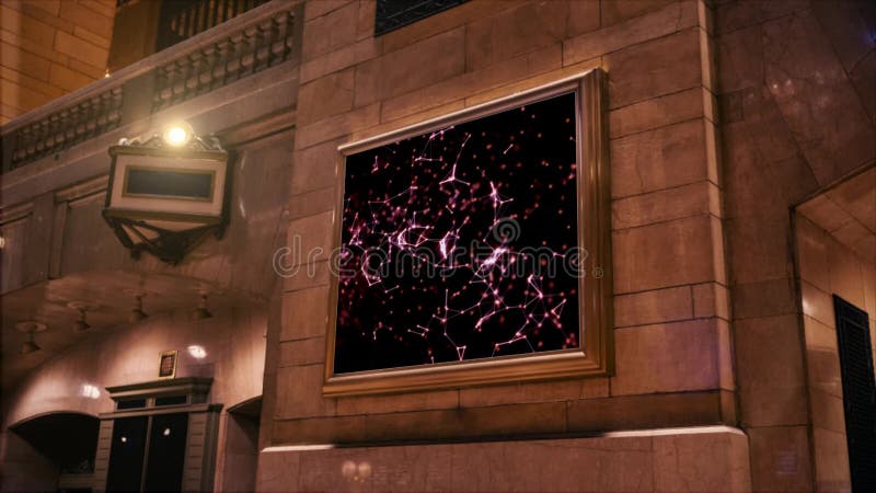 Advertisement on a building wall, screen with abstract plexus motion on a purple background stock illustration