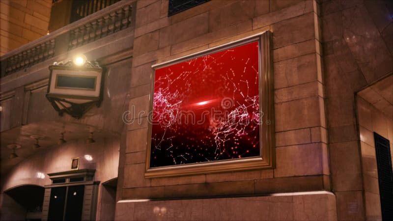 Advertisement on a building wall, screen with abstract plexus motion on a red background Category Buildings and Architecture La stock illustration