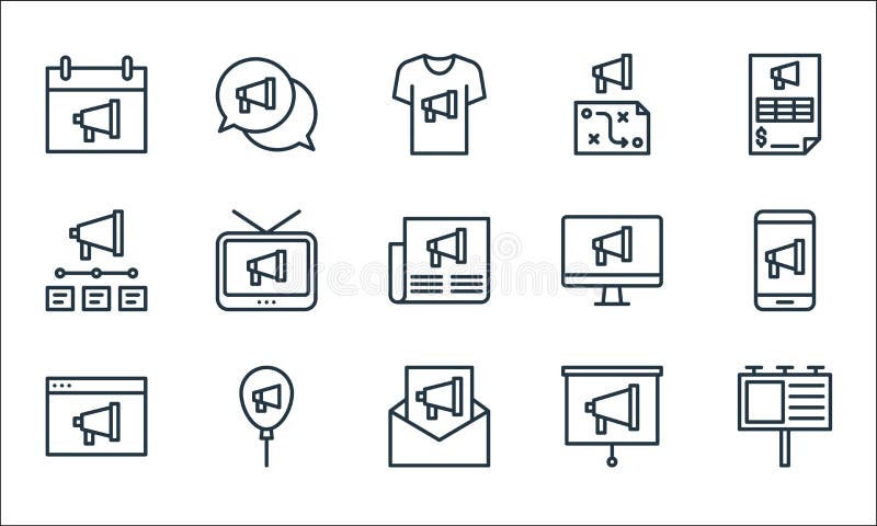 Advertisement line icons. linear set. quality vector line set such as billboard, email marketing, presentation, balloon, timeline stock illustration