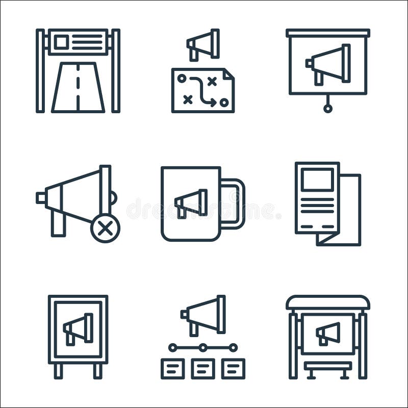 Advertisement line icons. linear set. quality vector line set such as bus stop, timeline, advertisement, flyer, mug, ad block vector illustration