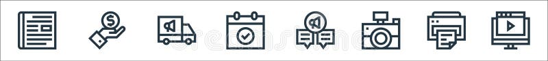 Advertisement line icons. linear set. quality vector line set such as online video, printer, camera, chat, event, advertisement vector illustration