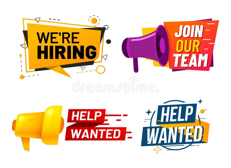 Advertising banner with speaker, we hiring and help wanted stock illustration